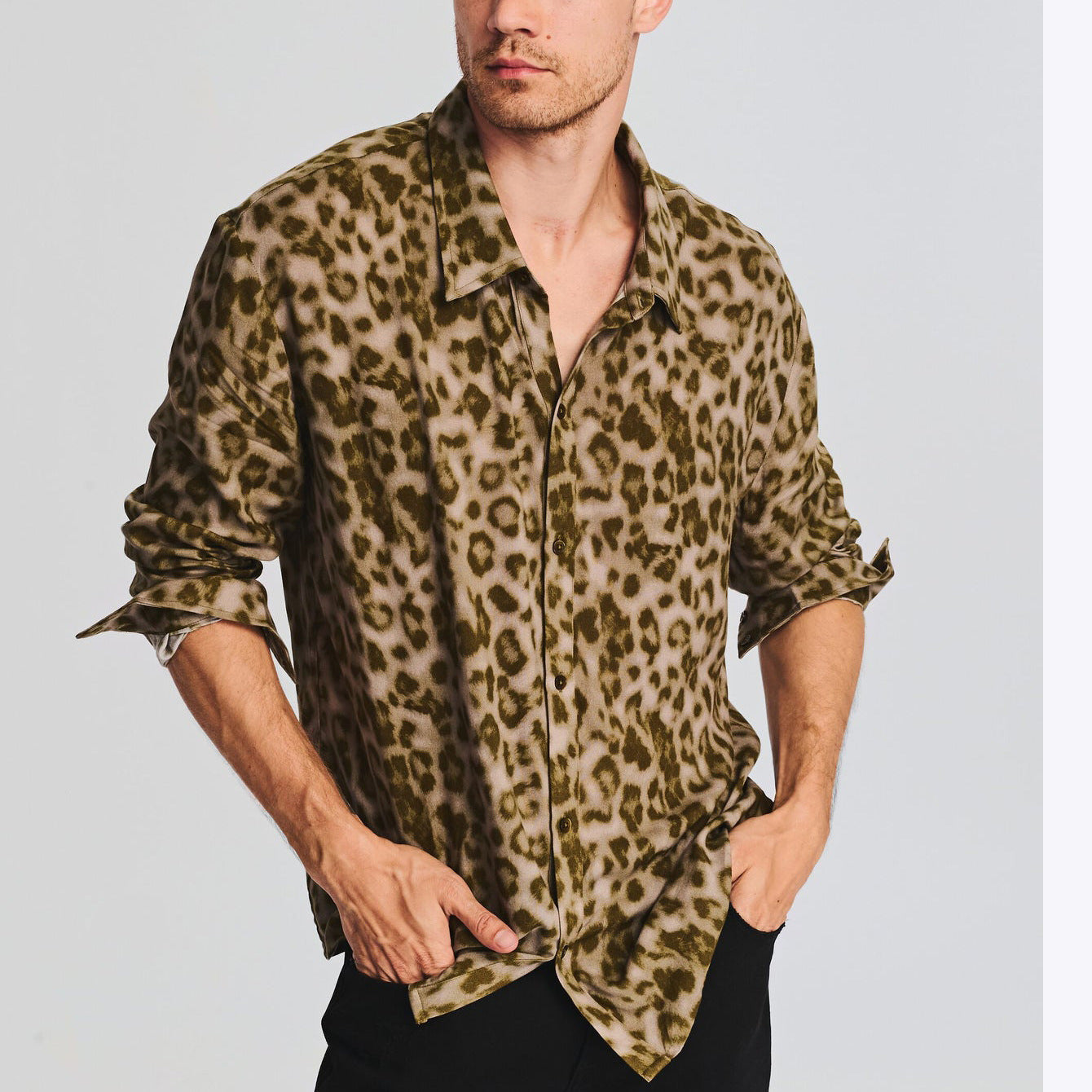 Chemise ample décontractée à manches longues et imprimé léopard pour homme, grande taille