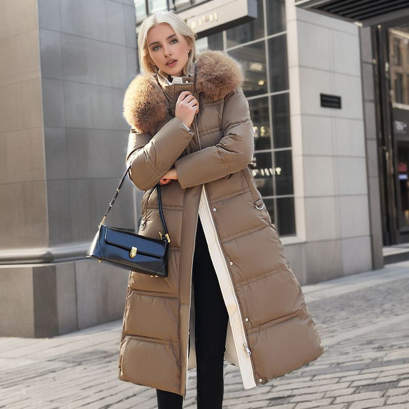 Manteau long slim d'hiver avec capuche en fourrure et ceinture, manteau à capuche solide, vêtement chaud pour femmes.