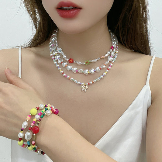 Collier multi-rangs de perles incrustées plaqué or pour femme