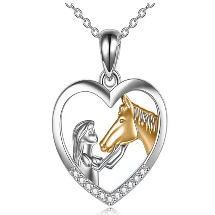 Collier cœur  de couleur fille et cheval collier clavicule élégant européen et américain pendentif cadeau de Saint Valentin