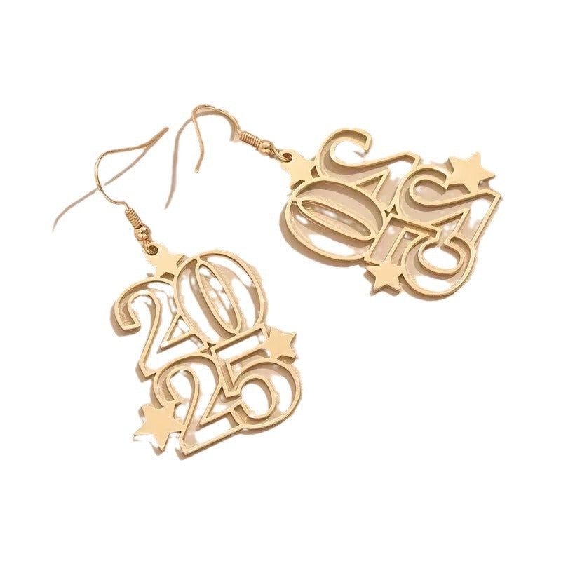 Nouvelles boucles d'oreilles pendantes créatives en or numéro 2025 pour femmes, bijoux tendance, boucle d'oreille du Nouvel An pour fête