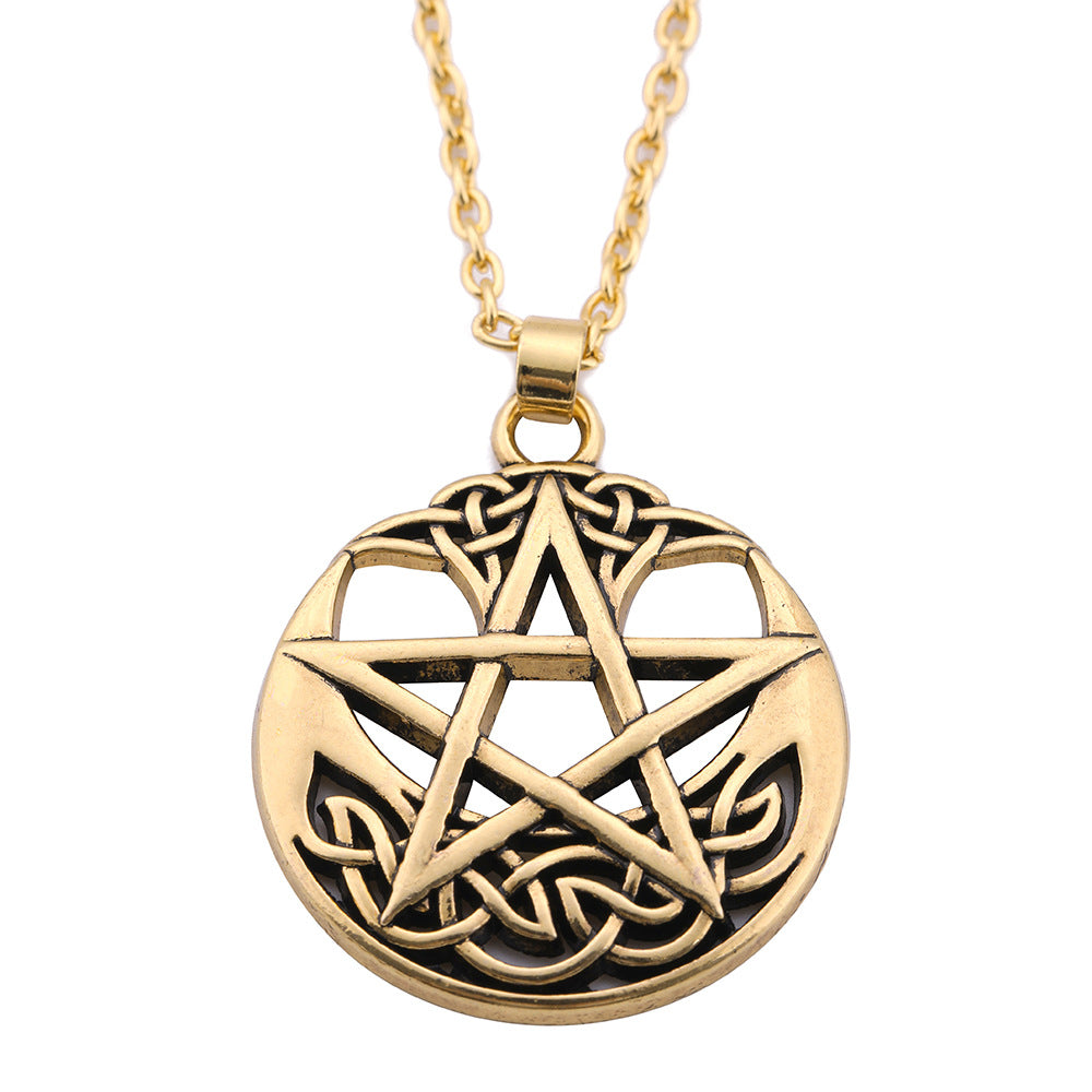 Collier en alliage de pentagramme en forme de pendentif rond chanceux