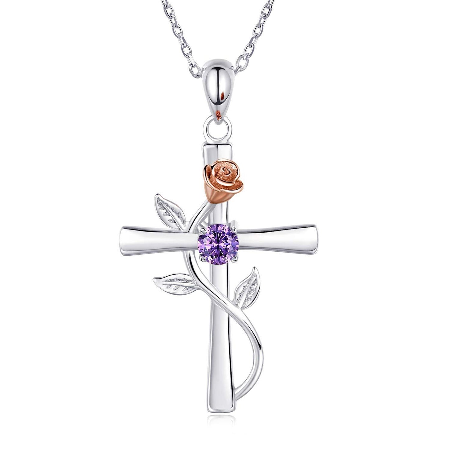 Collier en croix rose avec pendentif en pierres précieuses de mode, pierres de naissance de 12 mois, cadeau pour la Saint-Valentin ou un anniversaire.