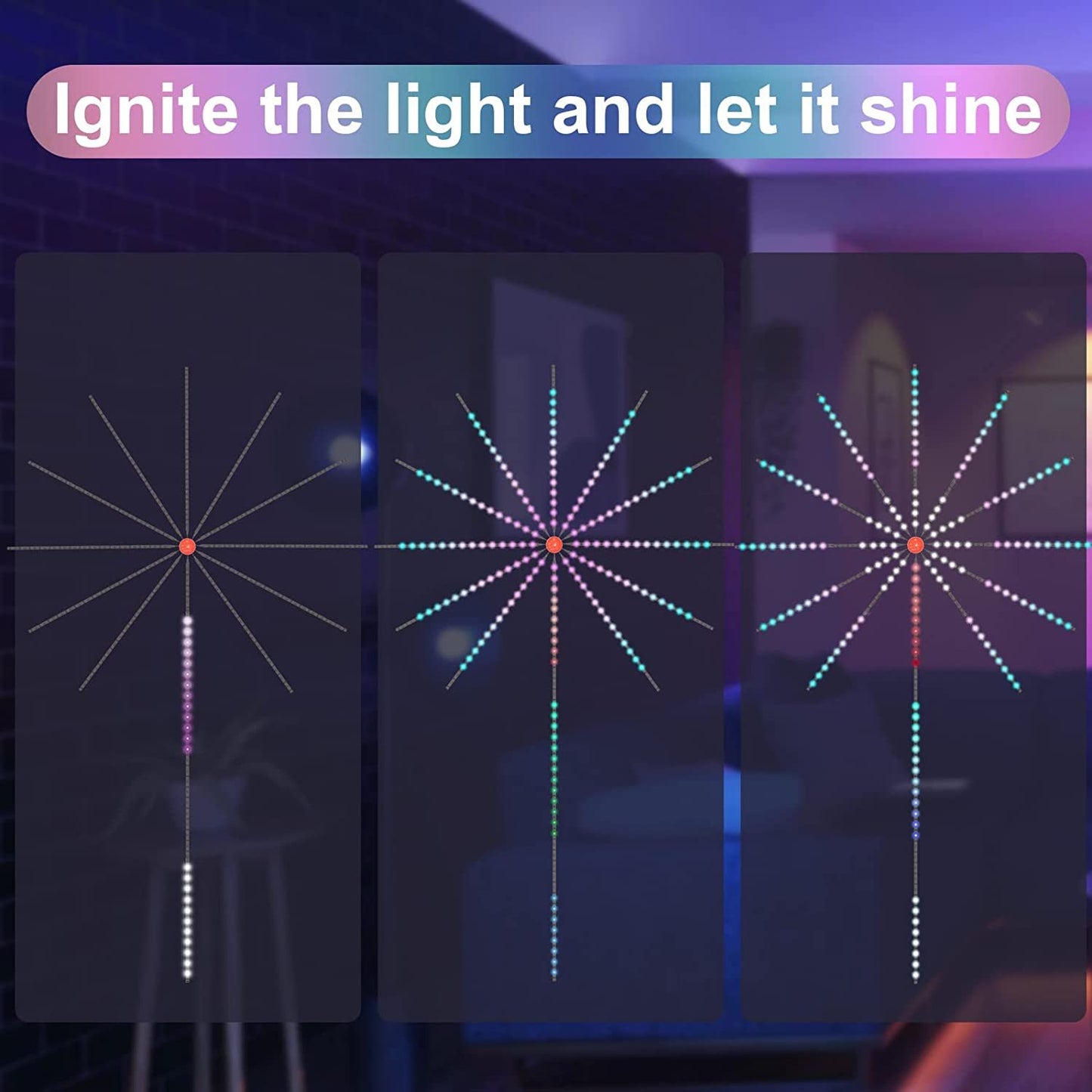 Lumières de feu d'artifice bande LED synchronisation sonore avec musique changement de couleur télécommande lumière de feu d'artifice pour fête en chambre