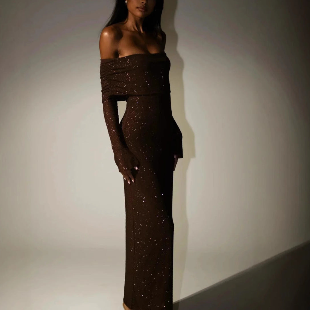 Robe sexy de luxe sans bretelles à manches longues avec strass