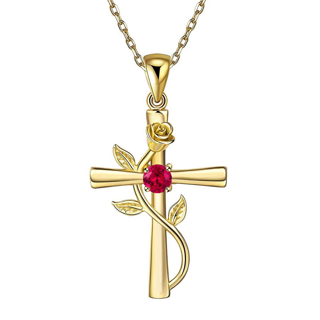 Collier en croix rose avec pendentif en pierres précieuses de mode, pierres de naissance de 12 mois, cadeau pour la Saint-Valentin ou un anniversaire.