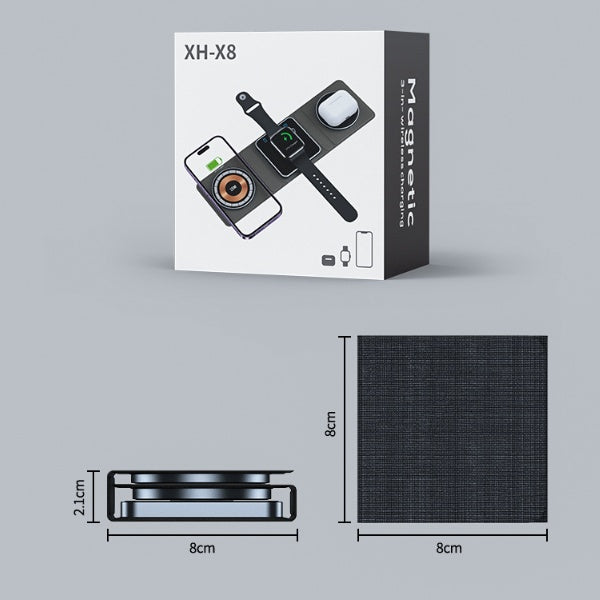 Station de chargement sans fil magnétique pliable 3 EN 1 pour iPhone, chargement rapide transparent pour iWatch et AirPods.