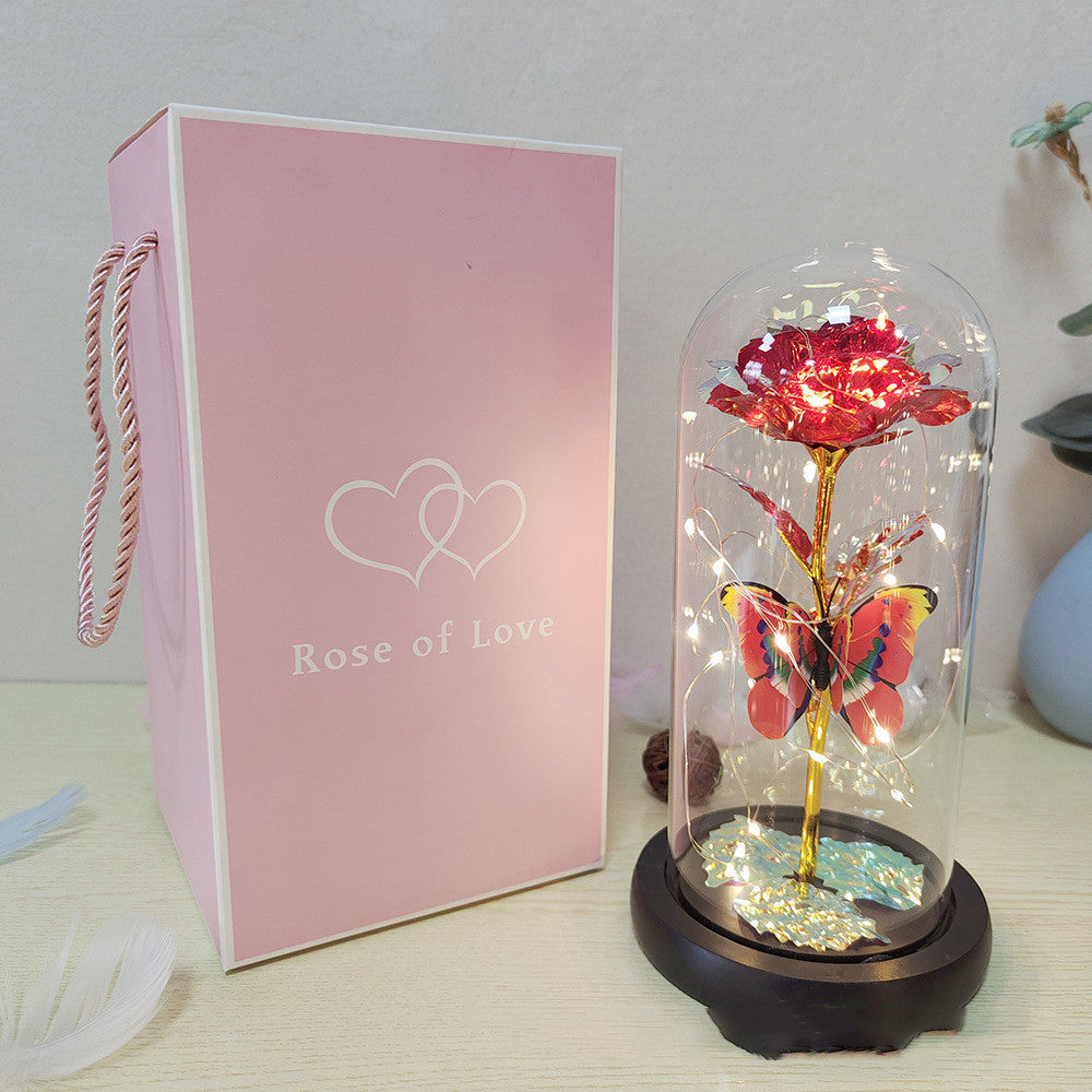 Cadeau de Saint-Valentin Rose éternelle Fleur en aluminium avec lumière LED dans un couvercle en verre Cadeaux de mariage pour la fête des mères Cadeau de demoiselle d'honneur