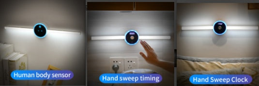 Lumière de cabinet intelligente avec horloge, capteur de lumière, lumière LED amovible pour armoire, interrupteur à balai manuel.