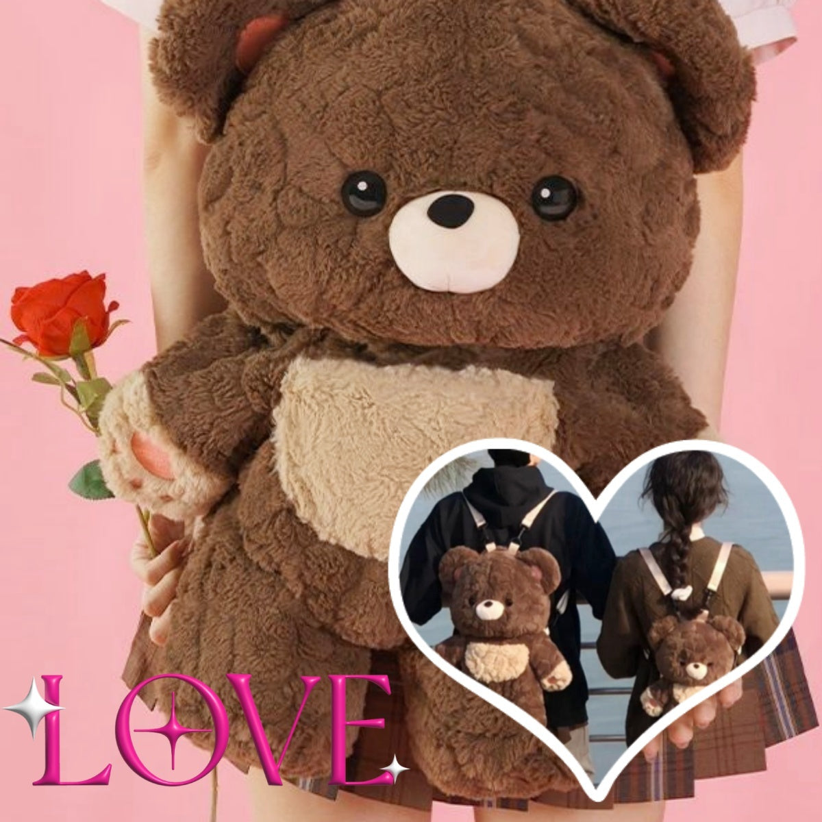 Sac de couple ours d'amour mignon sac en peluche polyvalent sac à dos épaule poupée petit sac d'école femmes hommes sacs marron