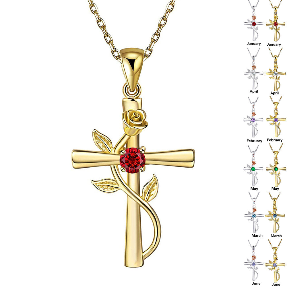 Collier en croix rose avec pendentif en pierres précieuses de mode, pierres de naissance de 12 mois, cadeau pour la Saint-Valentin ou un anniversaire.