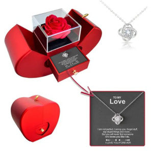 Boîte à bijoux de mode pomme rouge cadeau de Noël collier rose éternelle pour fille cadeaux de la fête des mères et de la Saint-Valentin avec boîte à bijoux en fleur artificielle.