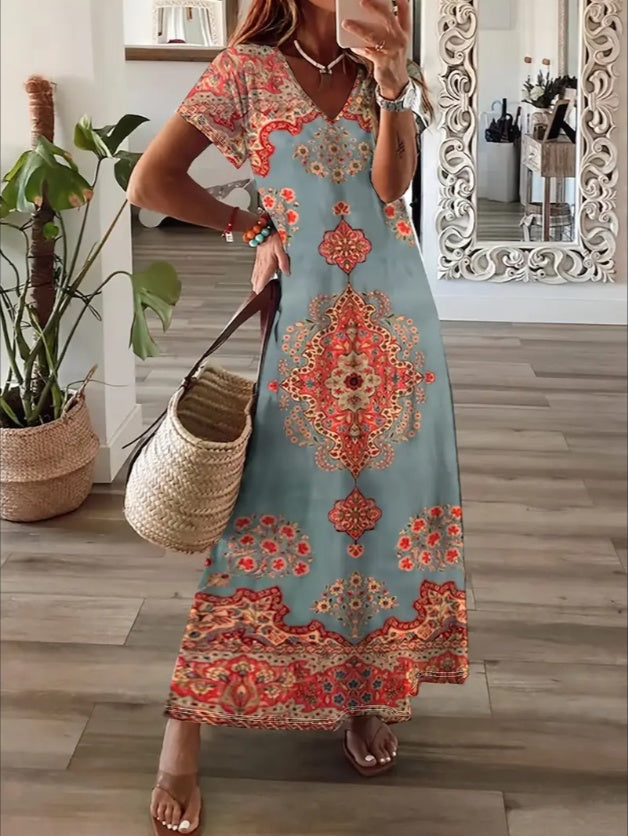 Robe décontractée vintage ethnique imprimée boho-chic - Manches courtes, col en V, légère, lavable en machine - Parfaite pour le printemps, l'été et l'automne.