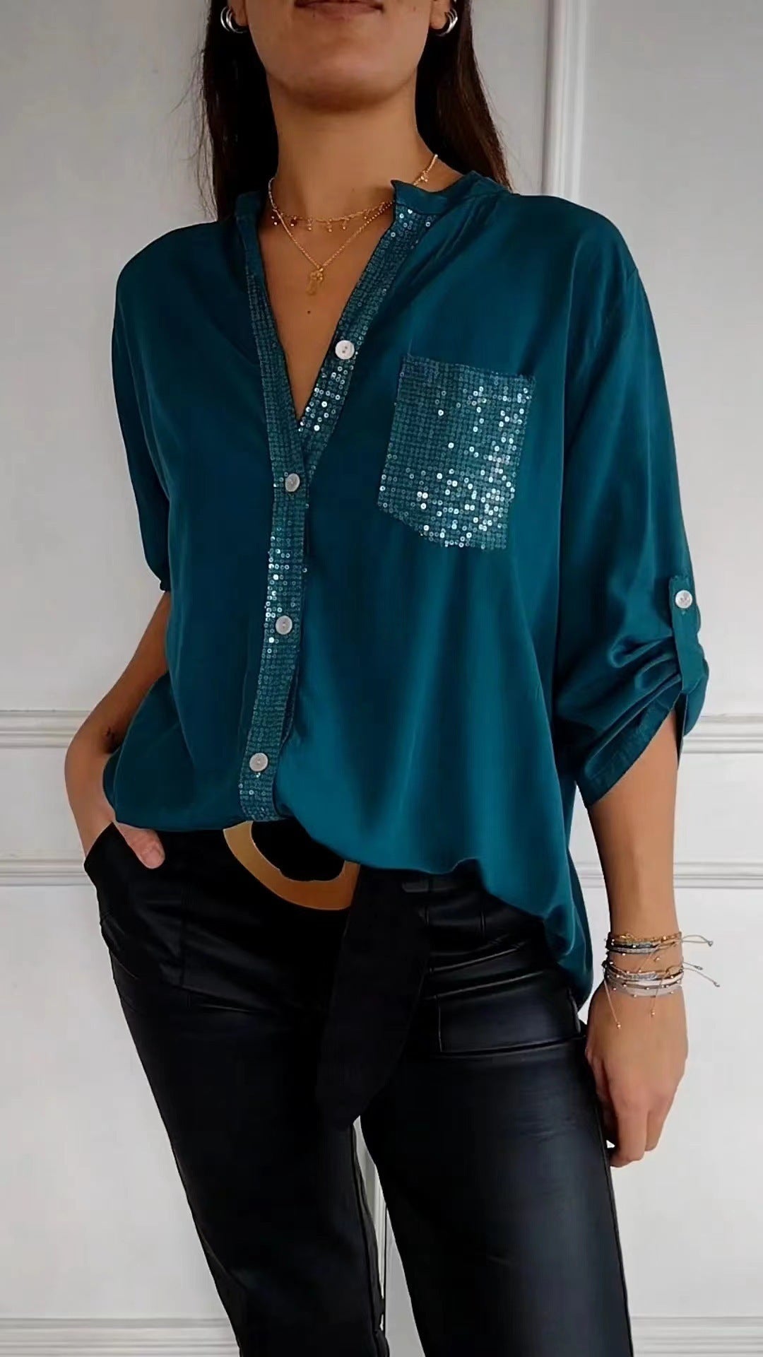 Chemise à manches longues décontractée avec design de poche en sequins, haut de mode pour femmes, vêtement de commutation.