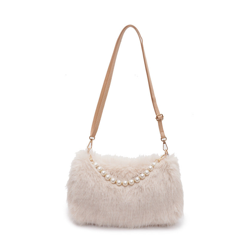 Mode d'automne et d'hiver Sacs à épaule Sac bandoulière en chaîne de perles Sac polyvalent pour le transport Sac en peluche pour femmes