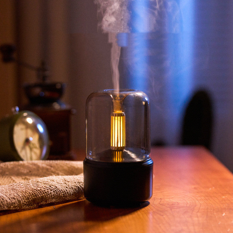 Humidificateur d'air électrique portable de 120 ml avec diffuseur d'arôme à lumière d'ambiance, bougie, brumisateur à brouillard frais, 8-12 heures avec veilleuse LED.