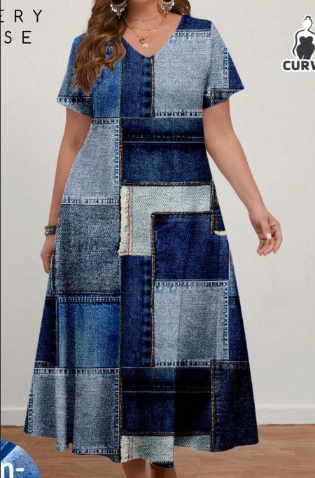 Robe à manches courtes en V à motif patchwork pour femmes grandes tailles, adaptée pour le printemps et l'automne.