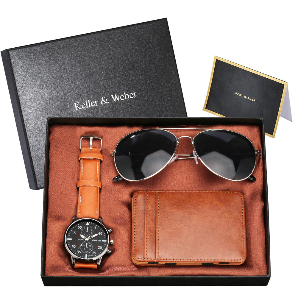 Coffret cadeau montre à quartz pour homme, lunettes, portefeuille, coffret cadeau