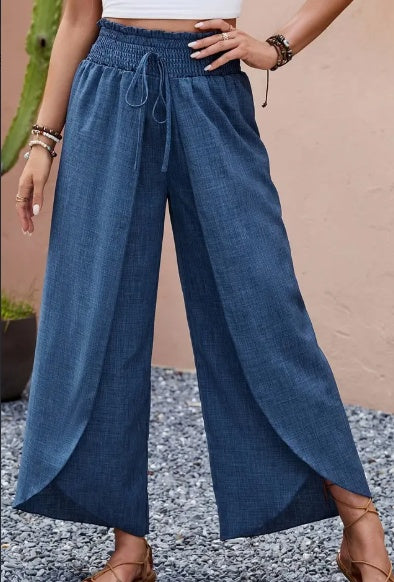 Pantalons larges à taille froncée élégants - Vêtements pour femmes - Pantalons superposés confortables pour les vacances au printemps et en été avec une taille élastique et un design fluide pour un ajustement flatteur.