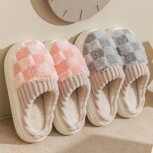 Pantoufles en peluche à carreaux pour femmes, pantoufles d'intérieur en peluche, semelles souples, épaisses, antidérapantes, chaussures de maison chaudes pour couple, automne et hiver