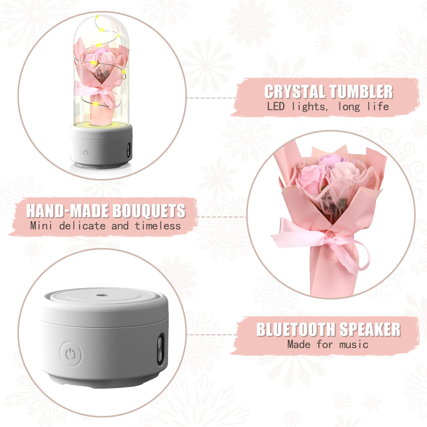 Bouquet créatif 2 en 1 avec lumière LED et haut-parleur compatible Bluetooth, cadeau de fête des mères, veilleuse lumineuse en forme de rose, ornement dans un couvercle en verre