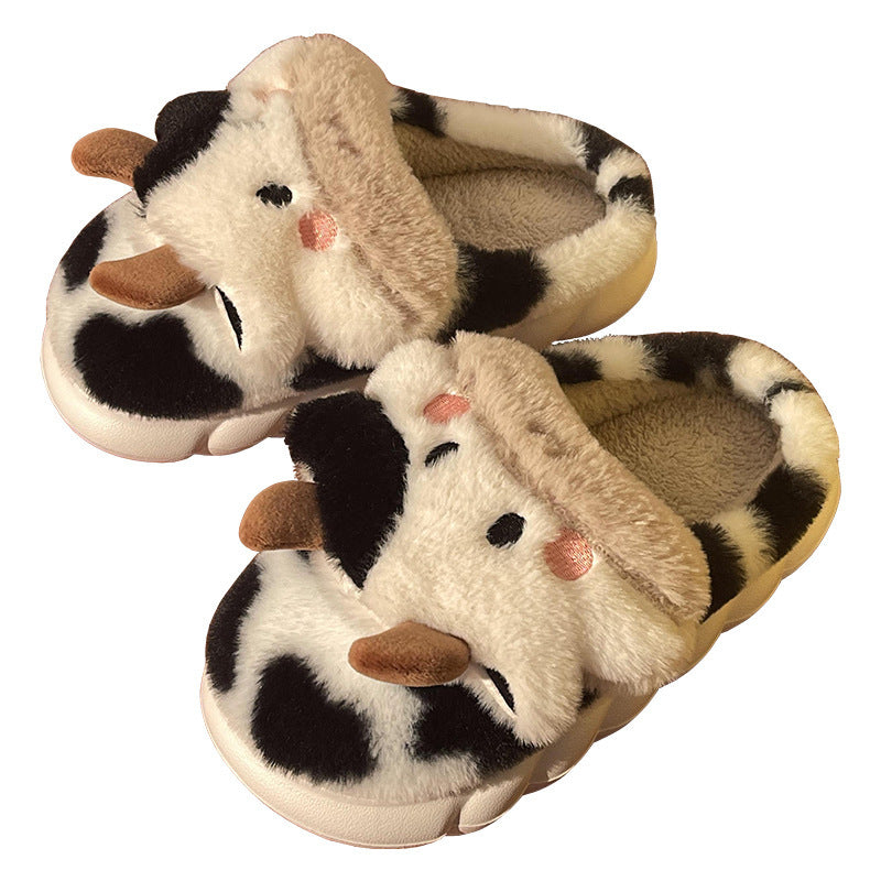 Chaussons en forme de vache mignonne pour femmes et filles, mode kawaii, doux et moelleux, chauds pour l'hiver, pantoufles en forme de vache cartoon, chaussures amusantes.