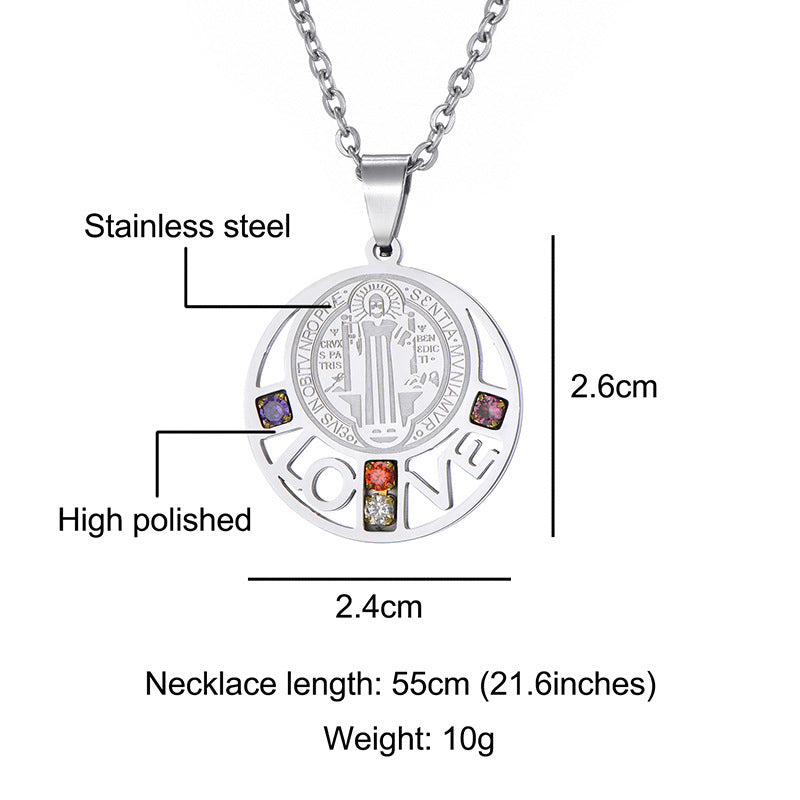 Collier pendentif Saint Benoît LOVE en acier inoxydable couleur diamant