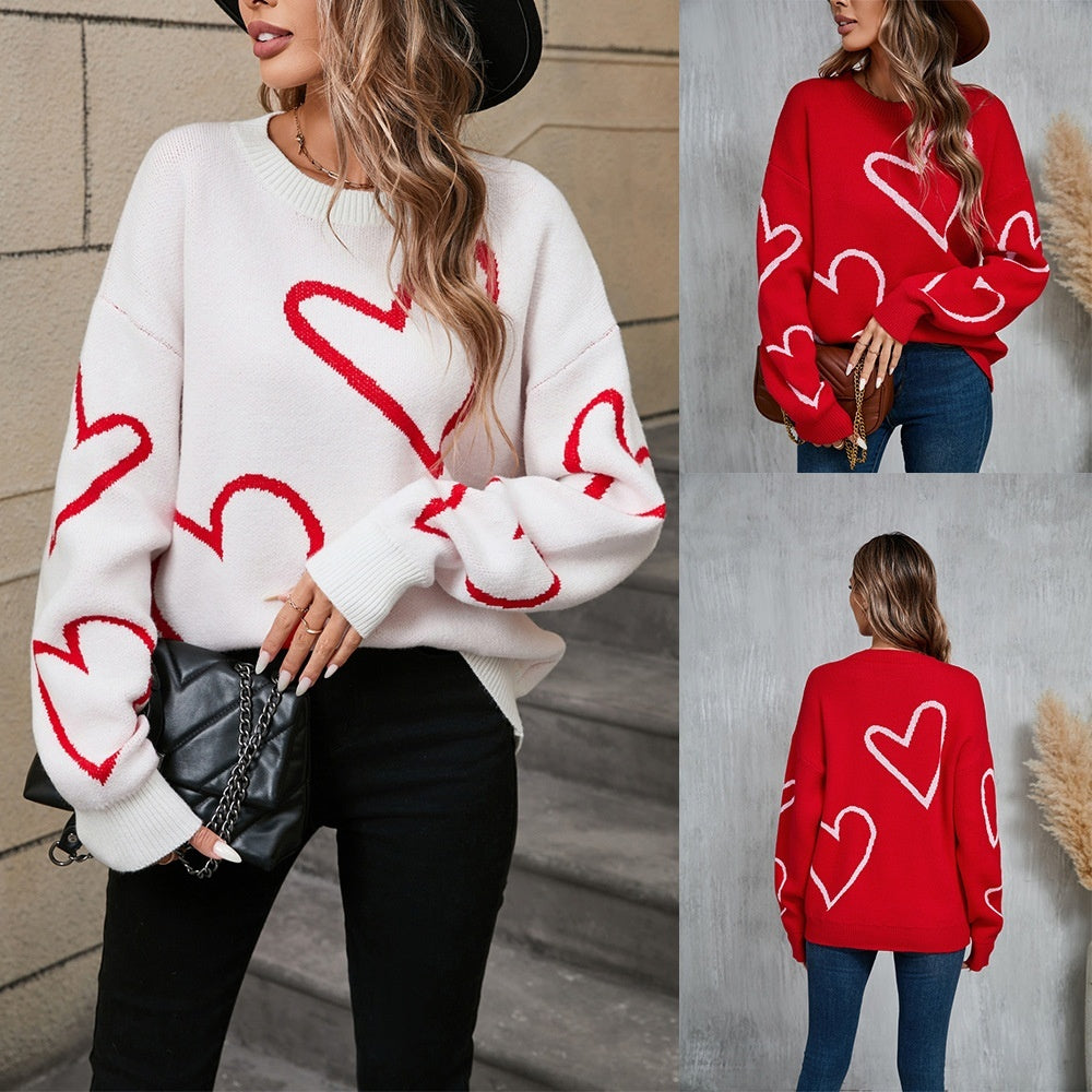 Pull-over féminin avec cœurs, pull de la Saint-Valentin, grand cœur pêche, pull en contraste de couleurs.