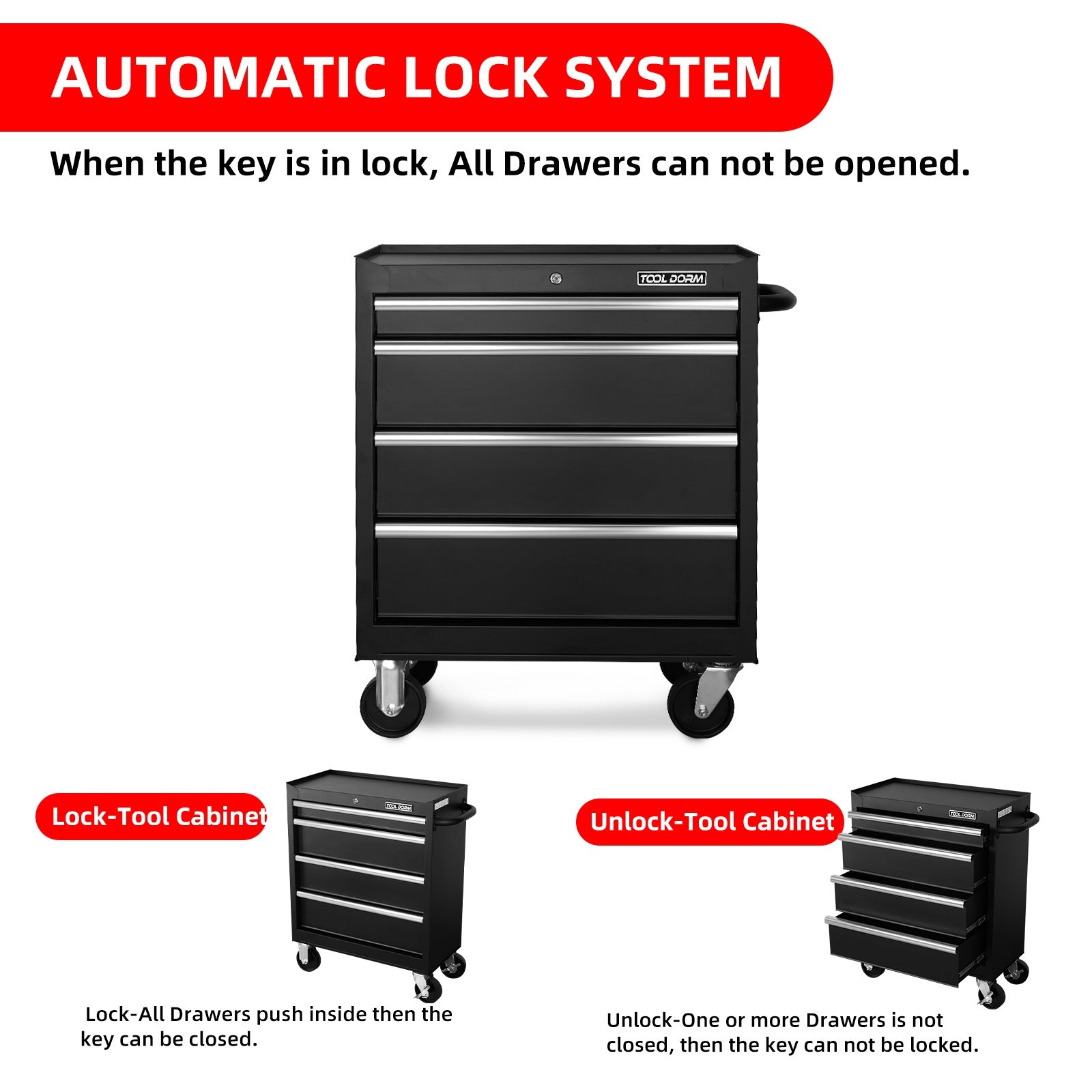 Armoire à outils et chariot de rangement en métal de 27 pouces avec 4 tiroirs, roulettes, glissières à roulement à billes, revêtement en poudre noir, convient pour garage, entrepôt et atelier. - KaoKao