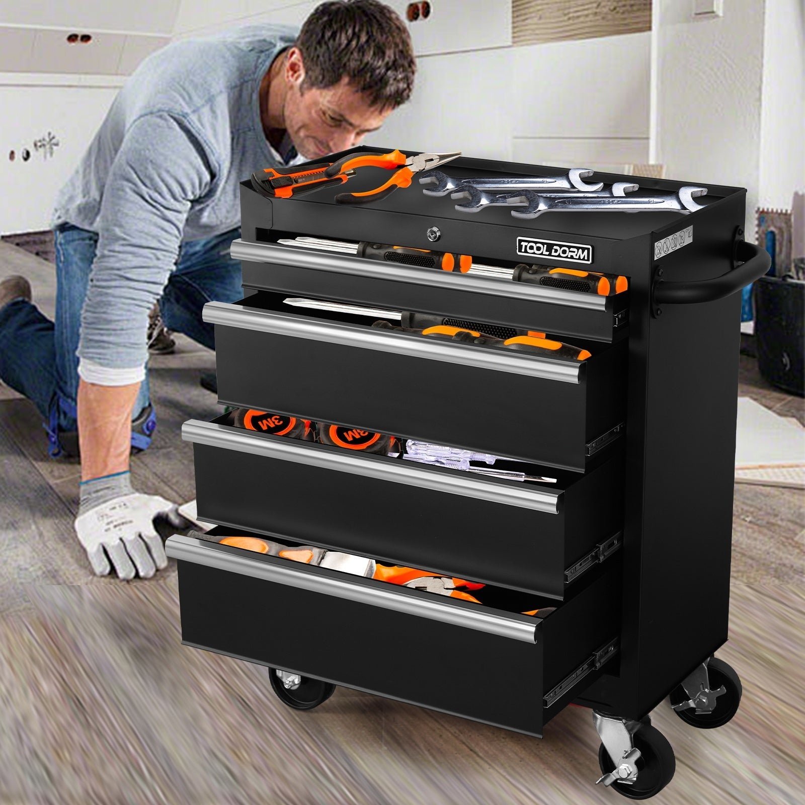 Armoire à outils et chariot de rangement en métal de 27 pouces avec 4 tiroirs, roulettes, glissières à roulement à billes, revêtement en poudre noir, convient pour garage, entrepôt et atelier. - KaoKao
