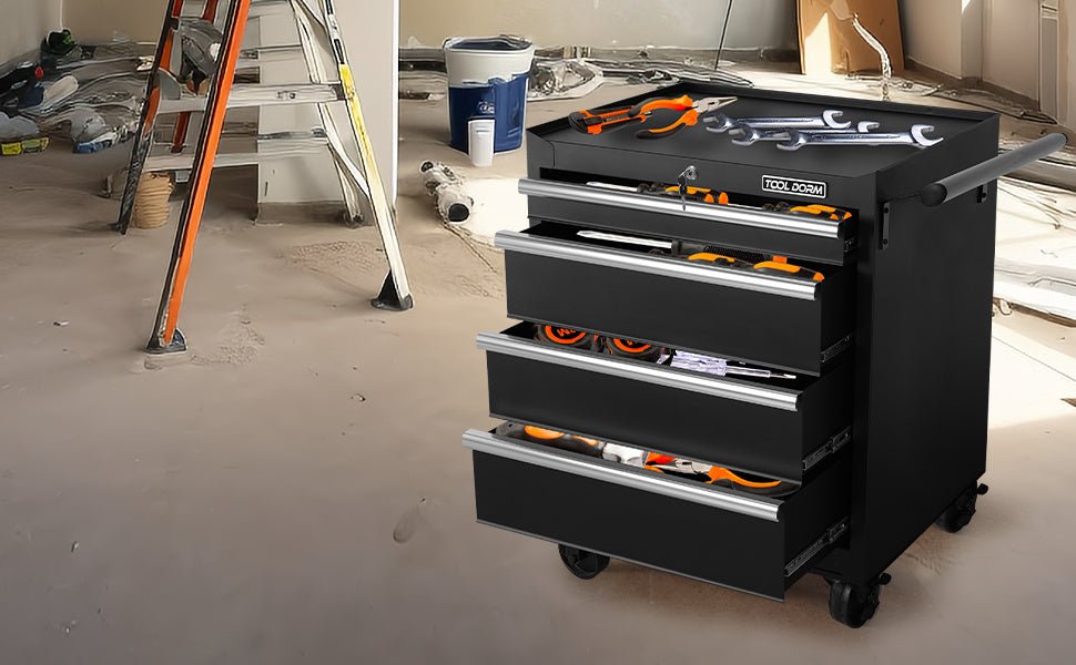 Armoire à outils et chariot de rangement en métal de 27 pouces avec 4 tiroirs, roulettes, glissières à roulement à billes, revêtement en poudre noir, convient pour garage, entrepôt et atelier. - KaoKao