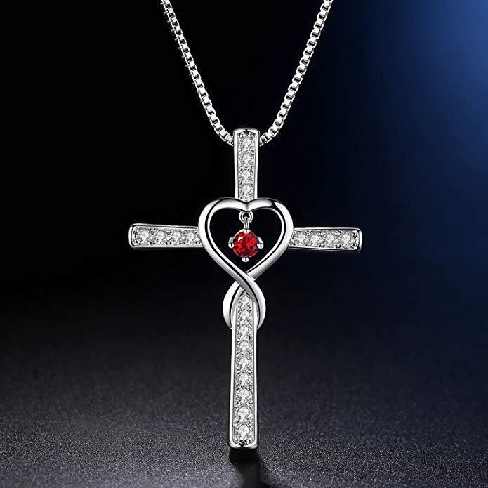 Collier avec pendentif en cristal et pierre de naissance en forme de croix chrétienne, amour infini, Dieu en qui nous avons confiance, pierres précieuses colorées, collier en forme de cœur en zircon, bijoux pour femmes