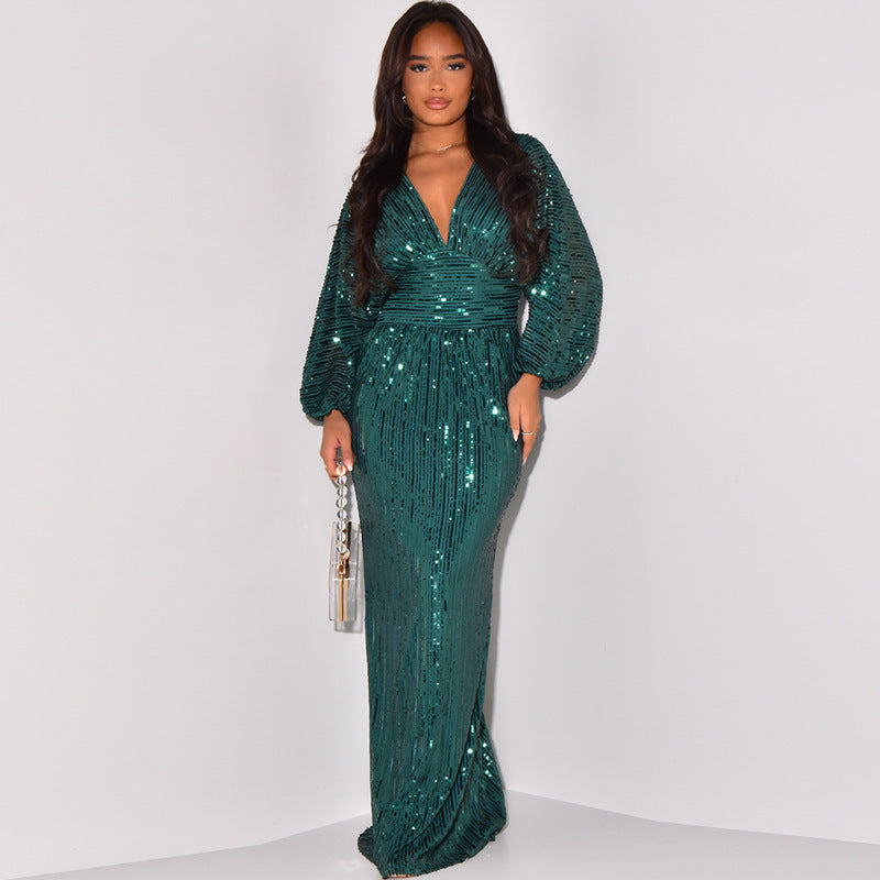 Robe longue sexy à paillettes et manches apparentes