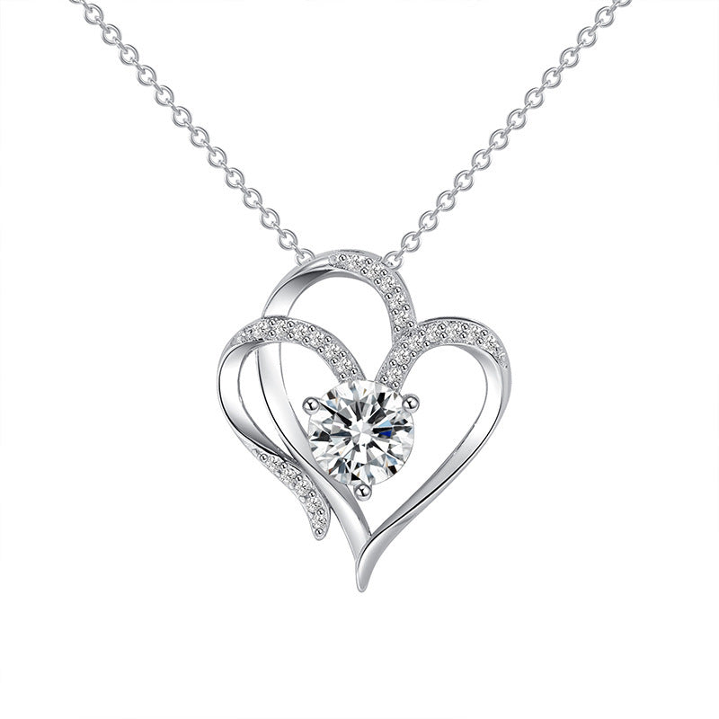 Collier Zircon Double Love avec strass Ins Collier en forme de cœur Chaîne de clavicule Bijoux pour femmes Saint-Valentin