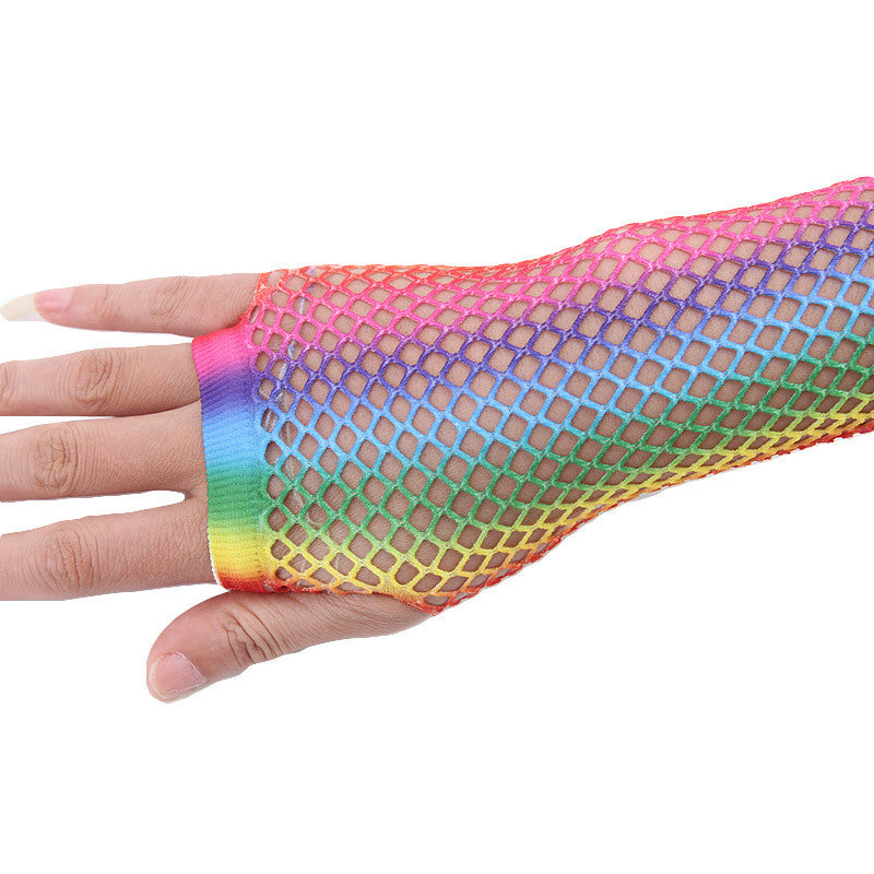 Gants longs en résille sexy de couleur arc-en-ciel avec demi-doigts