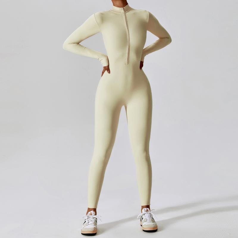 Combinaison à manches longues zippée, pantalon de yoga et de fitness, combinaison de sport ajustée et sans couture pour femmes.