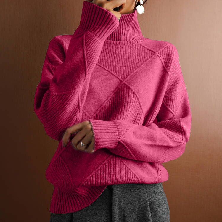 Pull chaud à col montant lâche en tricot pour femmes de couleur unie