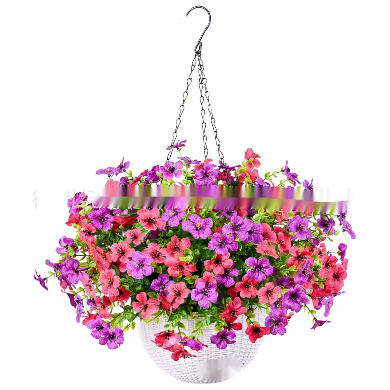 Panier suspendu rond en chlorophytum avec cadre en fer et décoration violette pour jardinage printanier