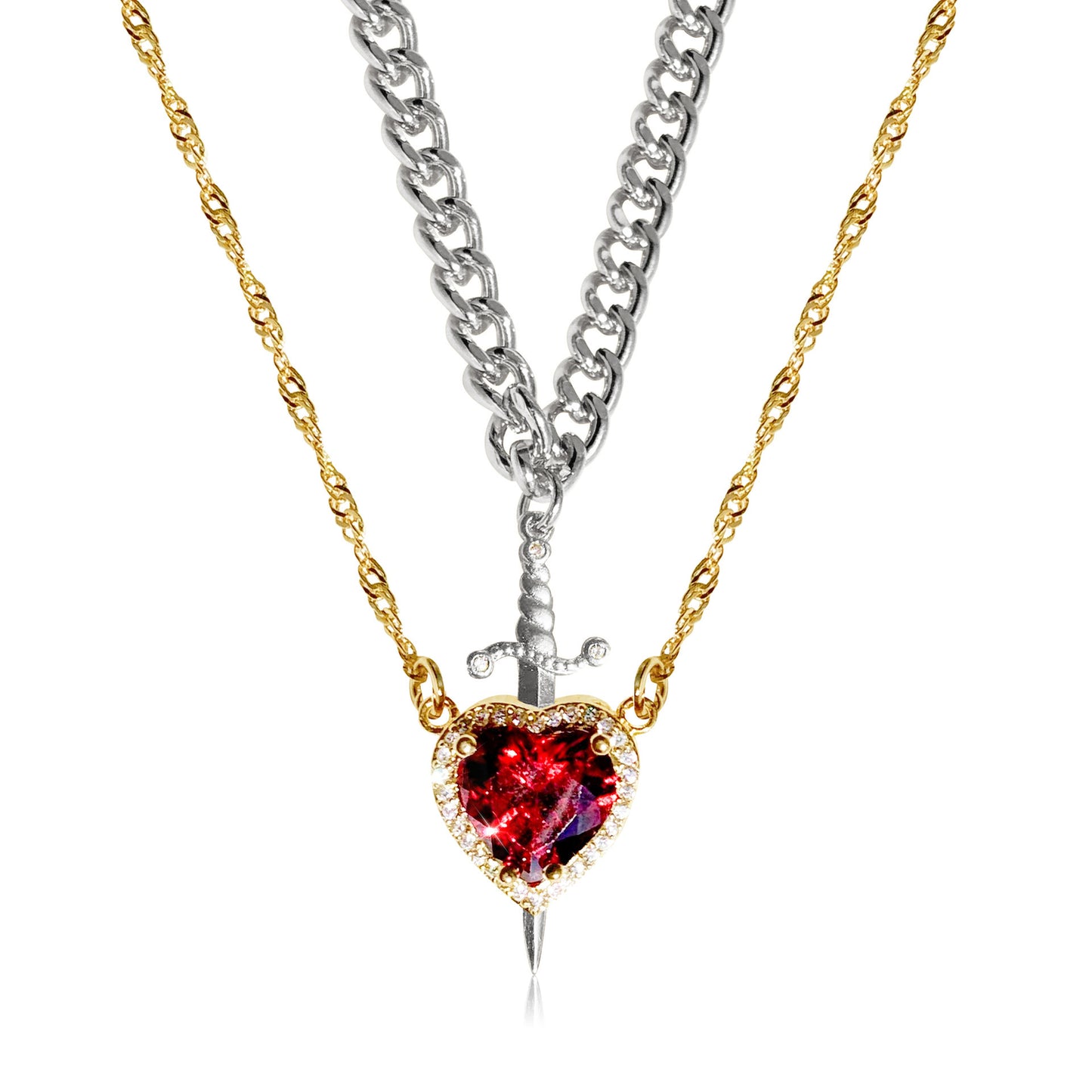 Collier de couple créatif bicolore avec une flèche dans le cœur et un cœur en strass rouge, cadeau pour un bon ami, bijoux tendance