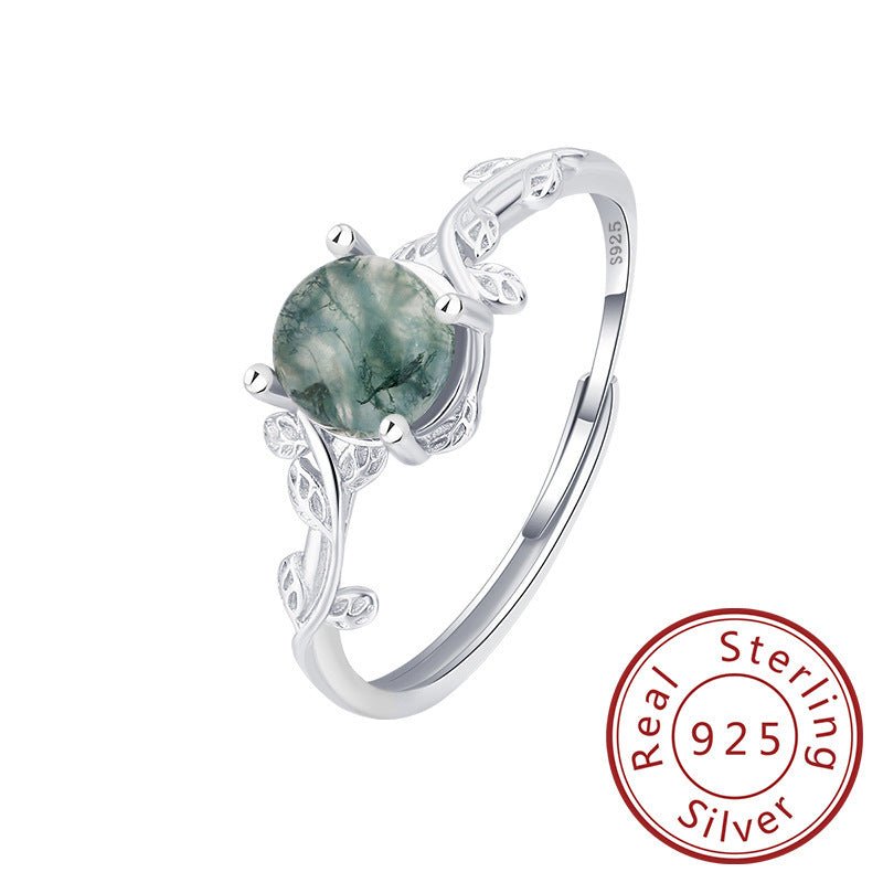 Bague en argent S925 avec mousse verte, plantes aquatiques et pierre d'agate. - KaoKao