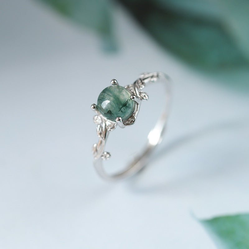 Bague en argent S925 avec mousse verte, plantes aquatiques et pierre d'agate. - KaoKao