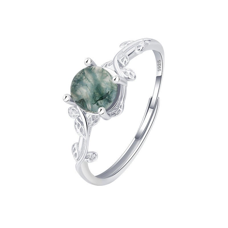 Bague en argent S925 avec mousse verte, plantes aquatiques et pierre d'agate. - KaoKao