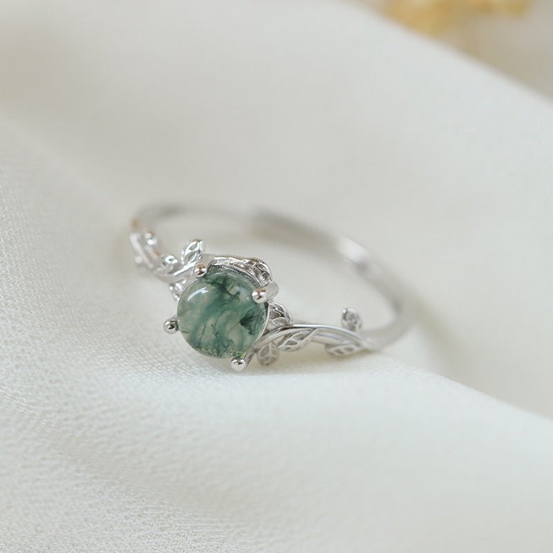 Bague en argent S925 avec mousse verte, plantes aquatiques et pierre d'agate. - KaoKao