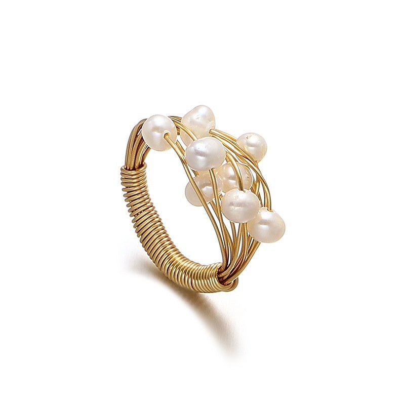 Bague en perle naturelle plaquée en laiton rétro élégant en or véritable 18K. - KaoKao