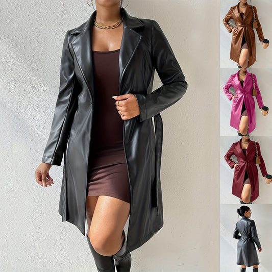 Manteau long ajusté pour femmes Vêtements Veste en cuir PU à manches longues avec poches