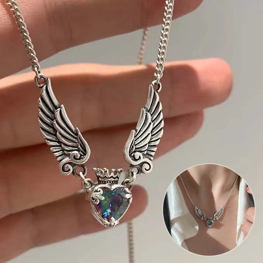 Colliers avec pendentif en forme de cœur et d'ailes d'ange pour femmes, style gothique vintage, à la mode, exquis, en forme d'amour, chaîne de clavicule, ras du cou, bijoux tendance