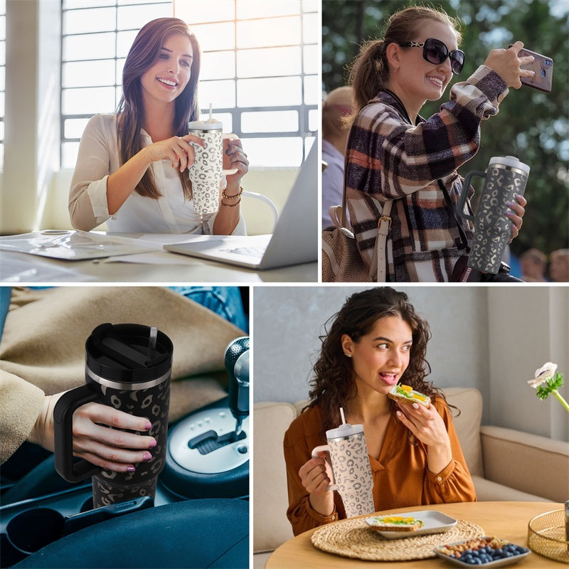 Tasse à café en paille de 40 oz avec poignée, bouteille d'eau portable en acier inoxydable pour voiture, grande capacité, tasse de voyage sans bisphénol A