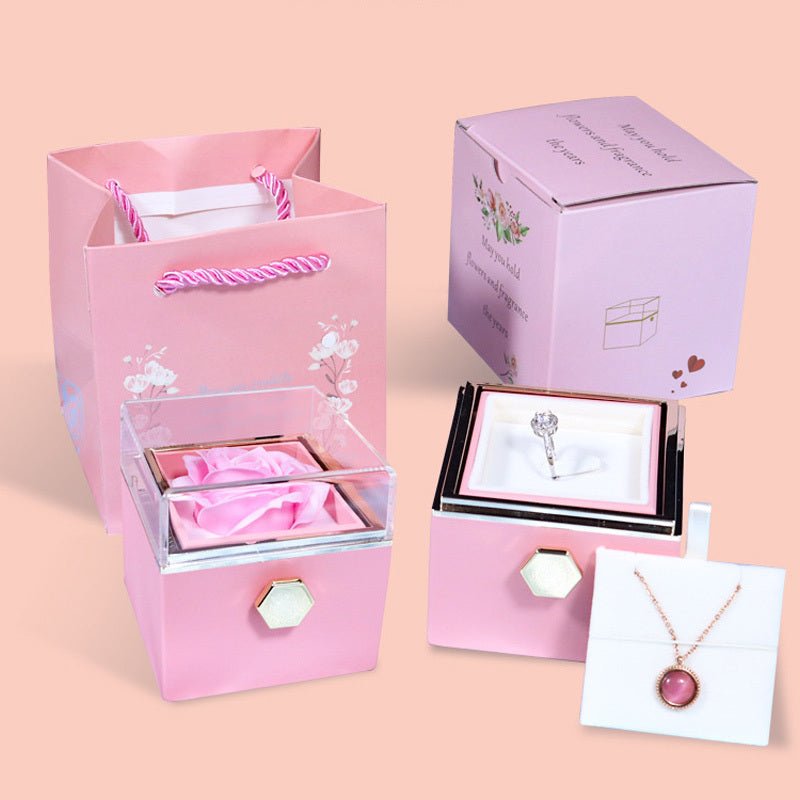 Boîte - cadeau de fleurs en savon rotatives, boîte créative de bijoux en rose rotative, cadeau de la Saint - Valentin pour femmes. - KaoKao