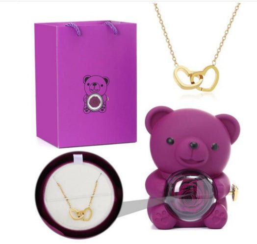 Boîte cadeau de nounours rose éternel avec collier, boîte à bijoux rose rotative, cadeau de Saint - Valentin, boîte de rangement pour femmes et petites amies. - KaoKao