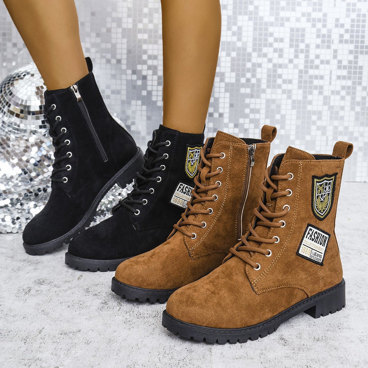 Bottes à talons épais à lacets tendance pour femmes, chaussures d'hiver à bout rond - KaoKao